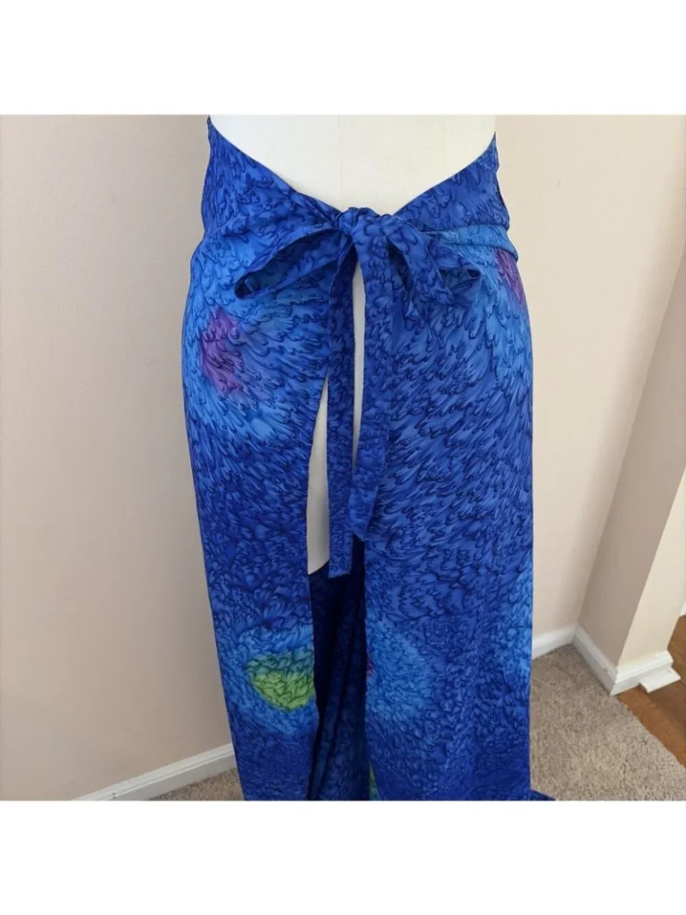 Caribbean Beach Pants Wide Leg Loose Fit Free Size Blue Tie Waist Tropical Tiki